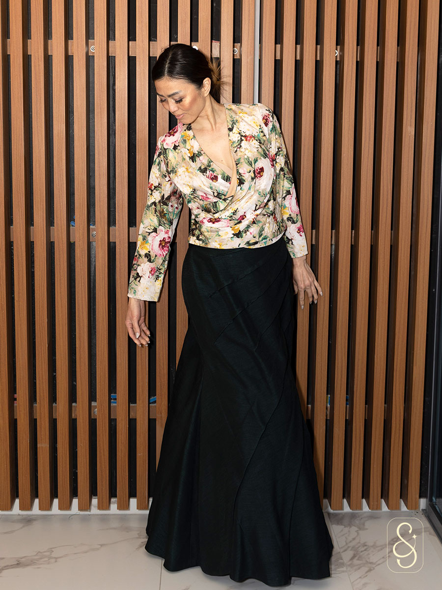 Fish Cut Skirt Printed Top in Raw Silk