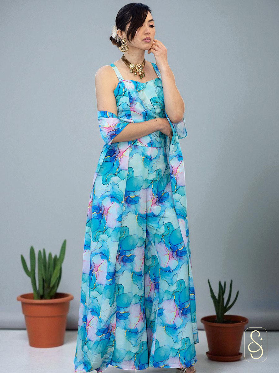Blue Crepe Three-Piece Set