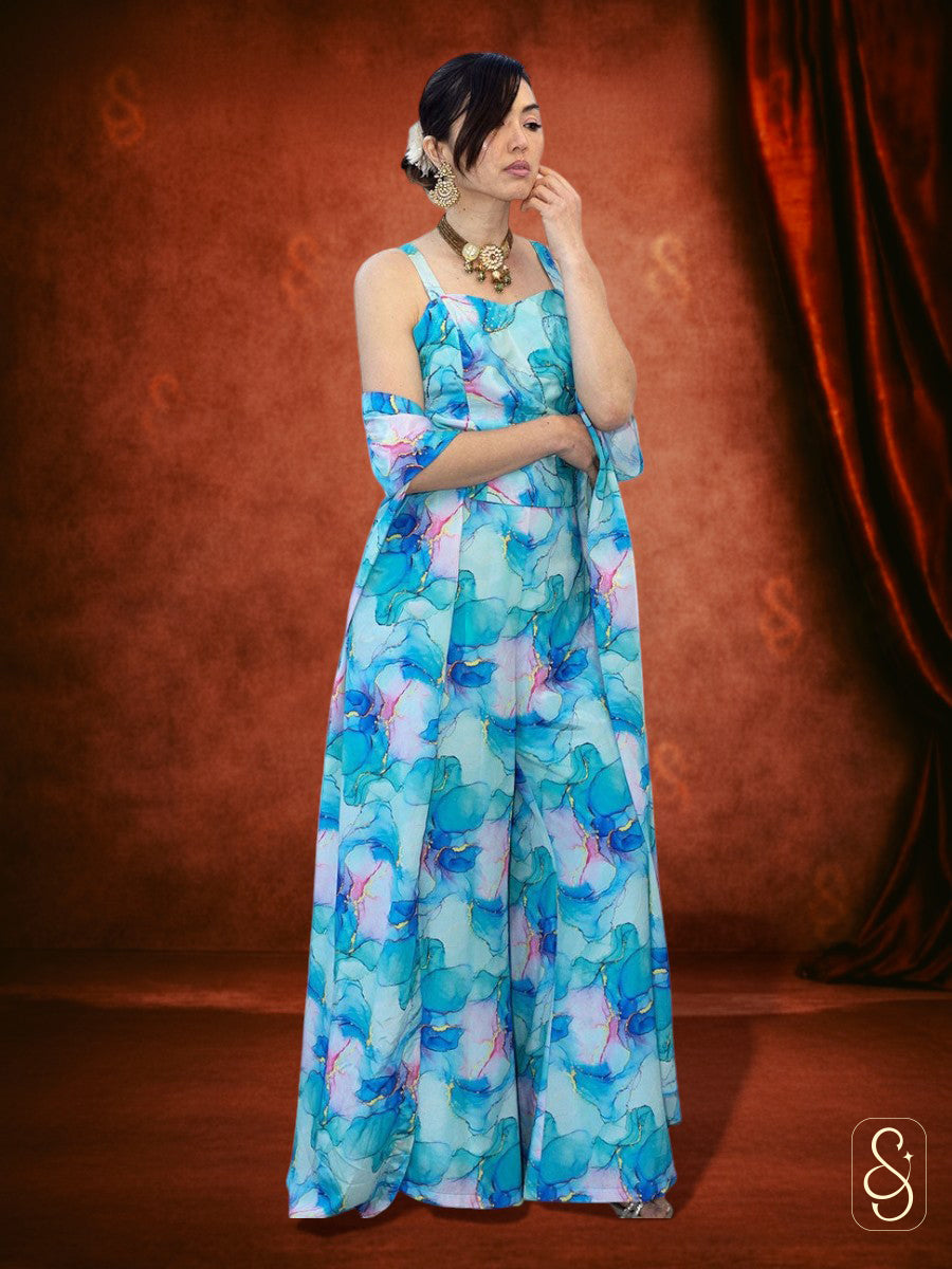 Blue Crepe Three-Piece Set