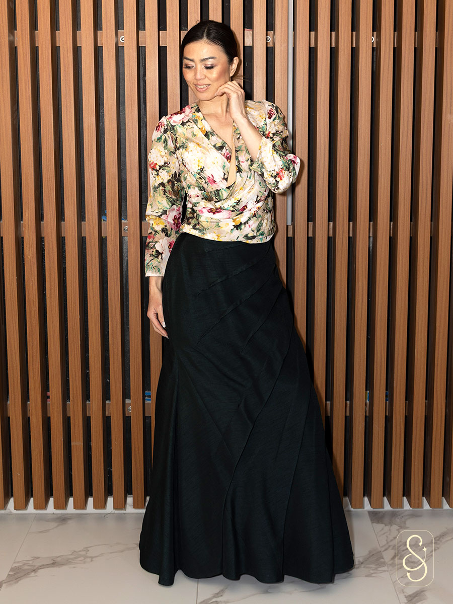 Fish Cut Skirt Printed Top in Raw Silk