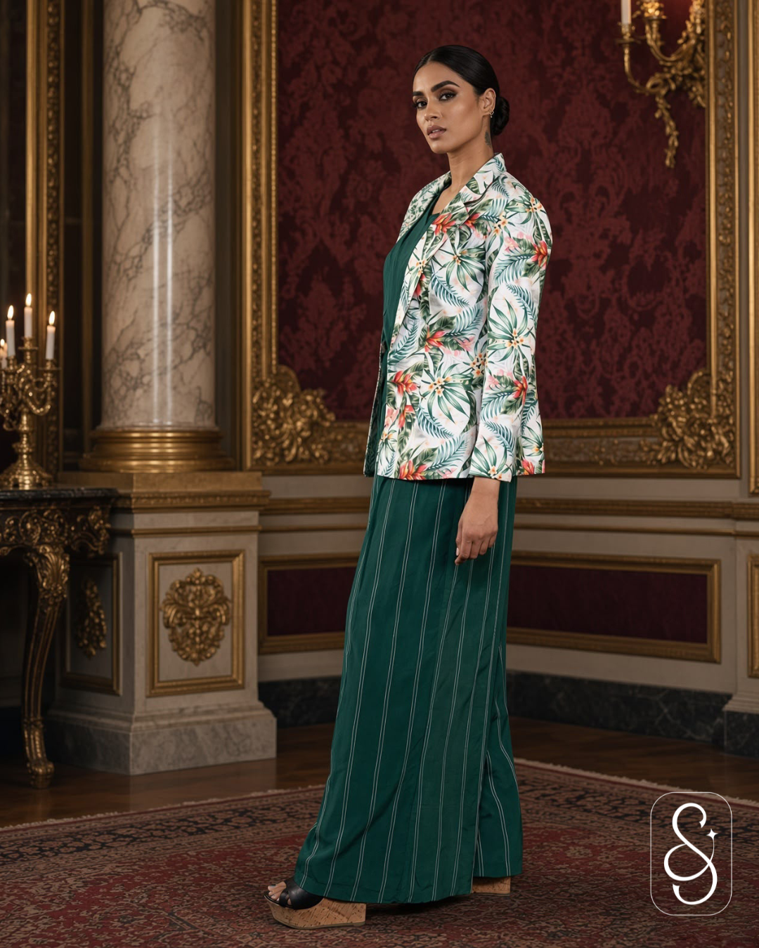 Printed Crepe Blouse With Blazer
