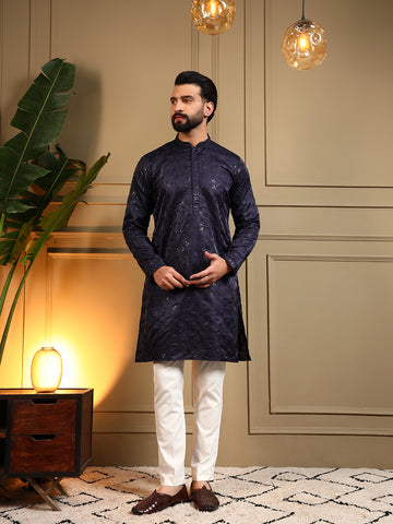 Blue Sequin and Thread Embroidery Kurta Set