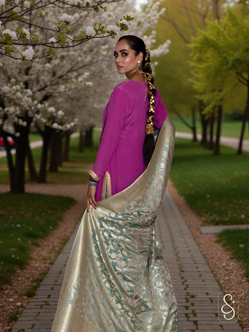 Crepe Shirt with Green Silk Pants and Banarasi Dupatta
