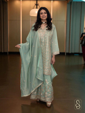 Fully Embroidered Viscose Tissue Sharara Suit