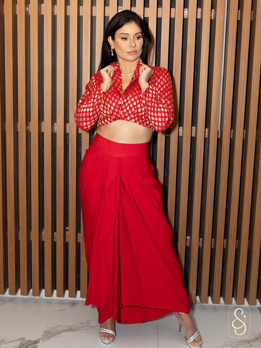 Red Drape Skirt with Banarasi Top