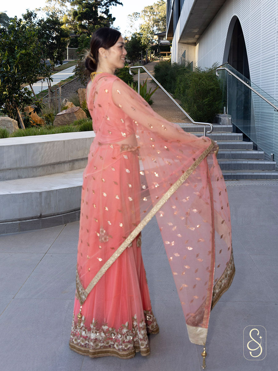 Peach Net Lehenga