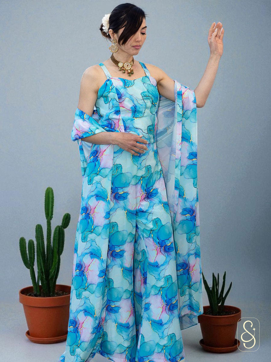 Blue Crepe Three-Piece Set