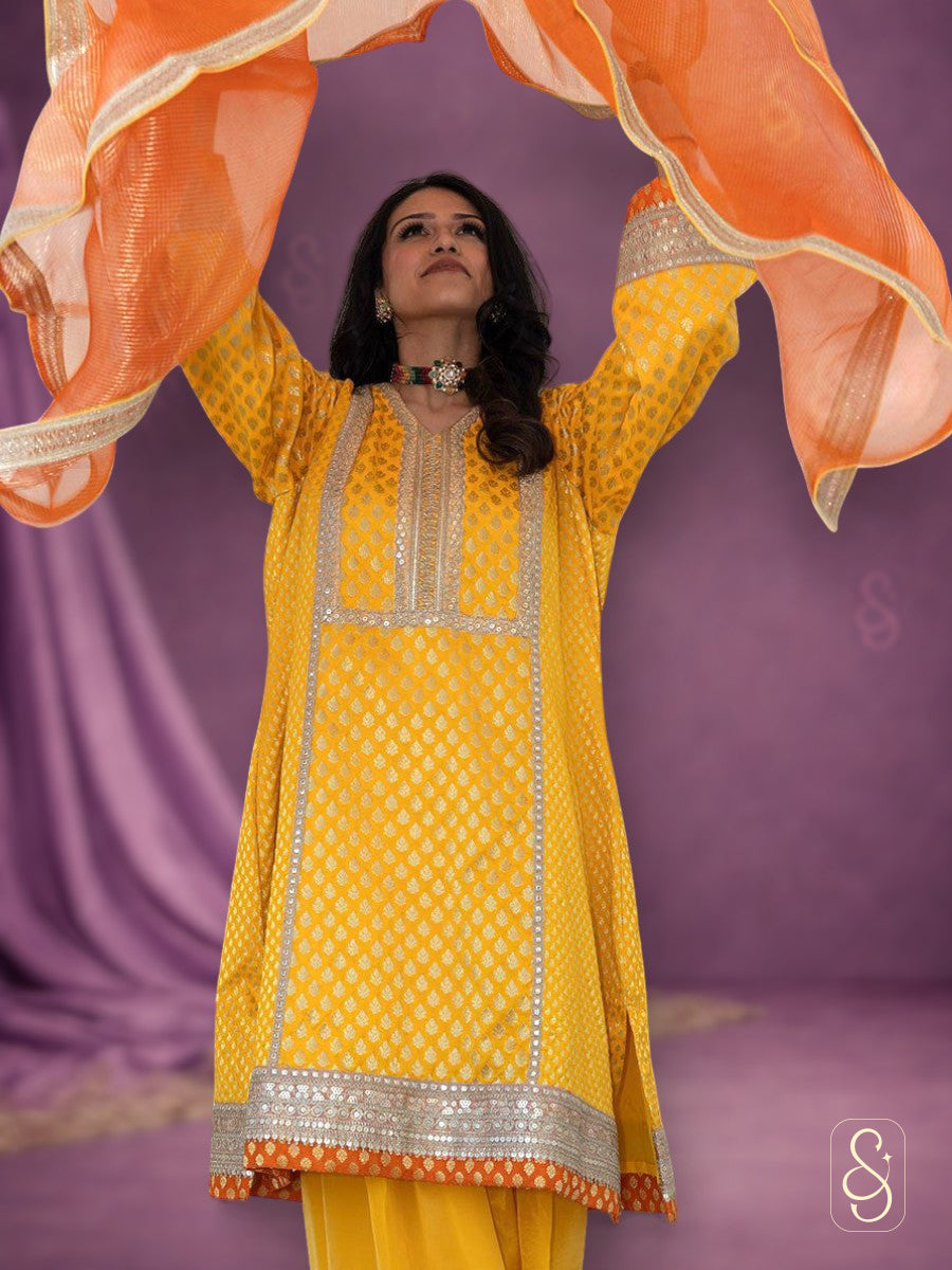 Yellow Banarasi Shirt with Orange Dupatta