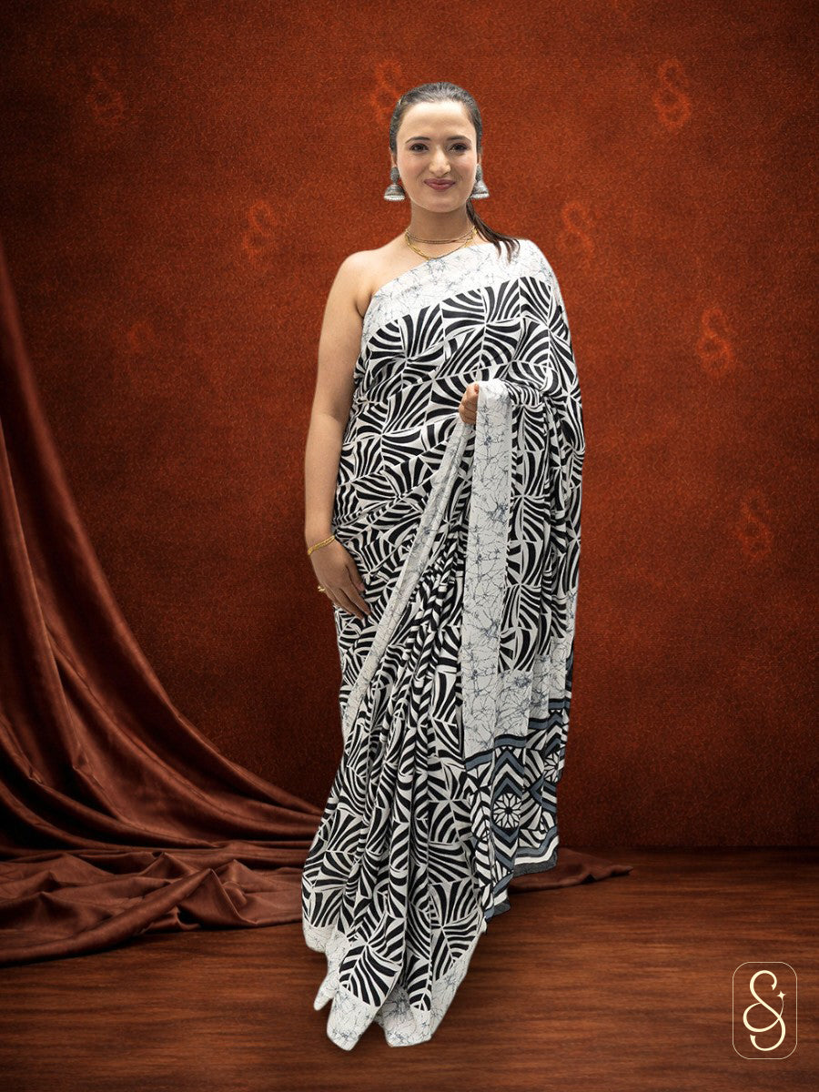 Satin Silk Black and White Print Saree