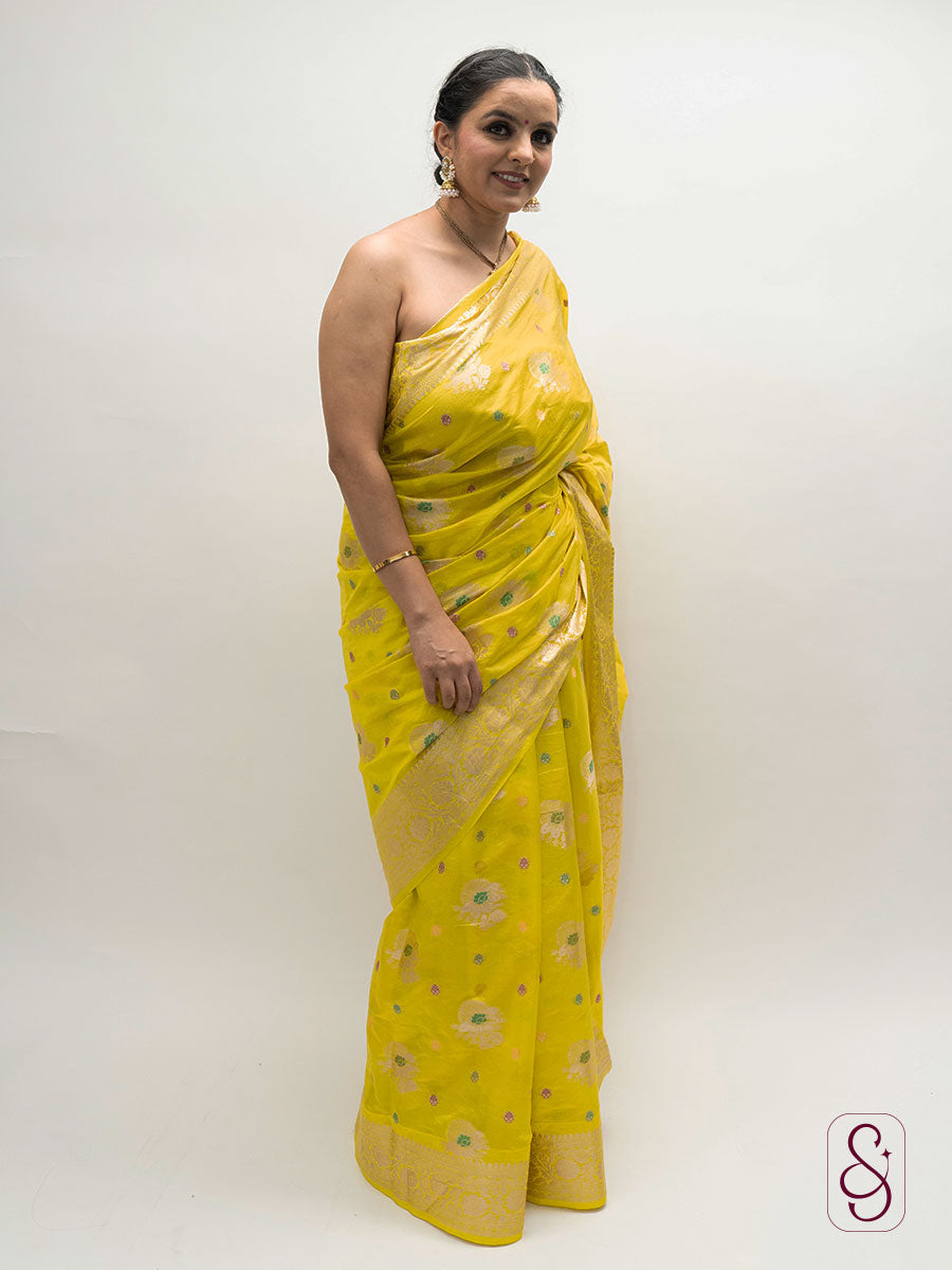 Bright Yellow Banarsi Georgette Saree