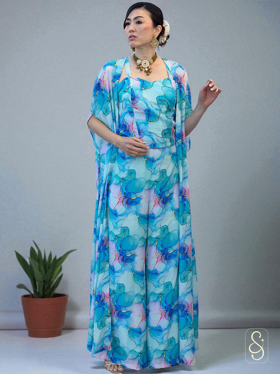 Blue Crepe Three-Piece Set