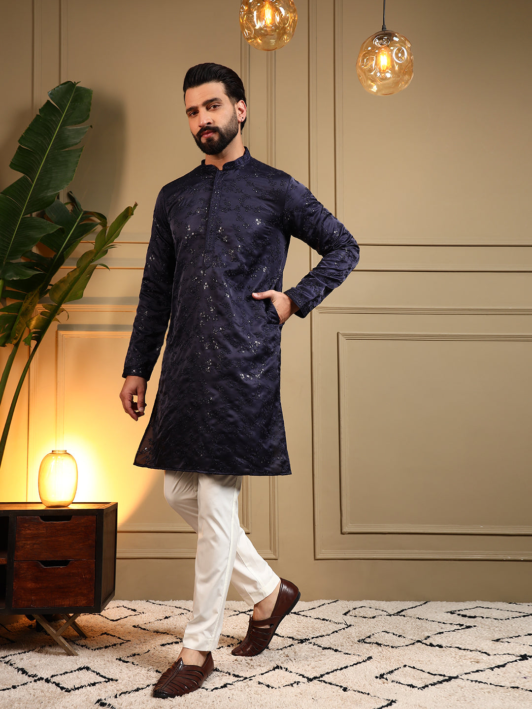 Blue Sequin and Thread Embroidery Kurta Set