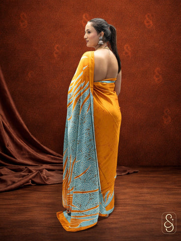 Satin Silk Mustard Blue Printed Saree