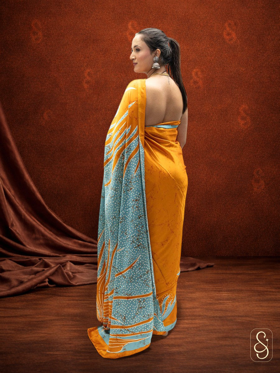 Satin Silk Mustard Blue Printed Saree