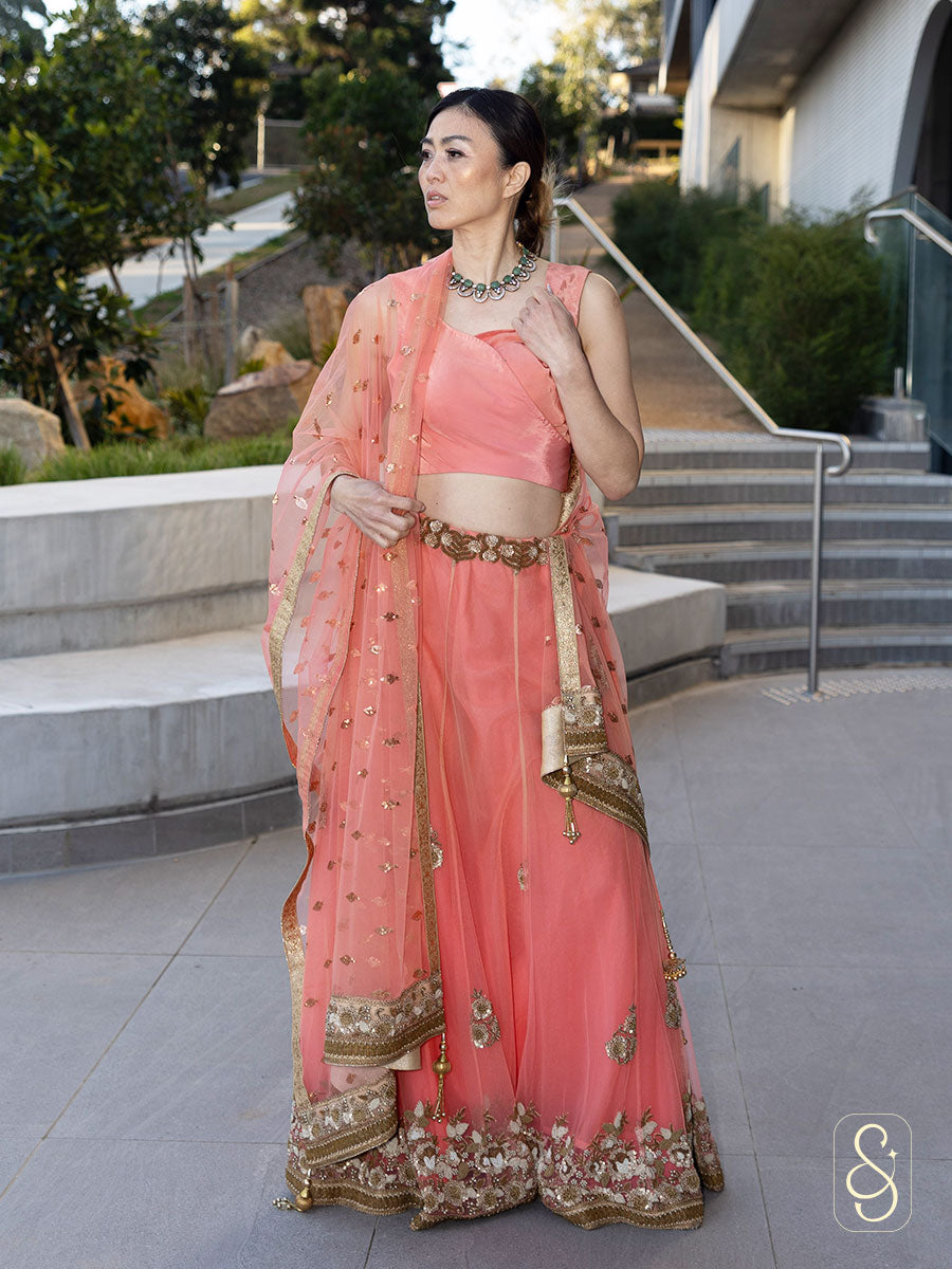 Peach Net Lehenga