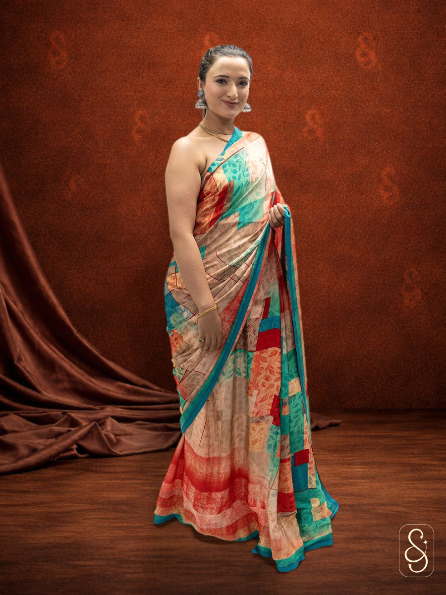 Satin Silk Multi Coloured Printed Saree