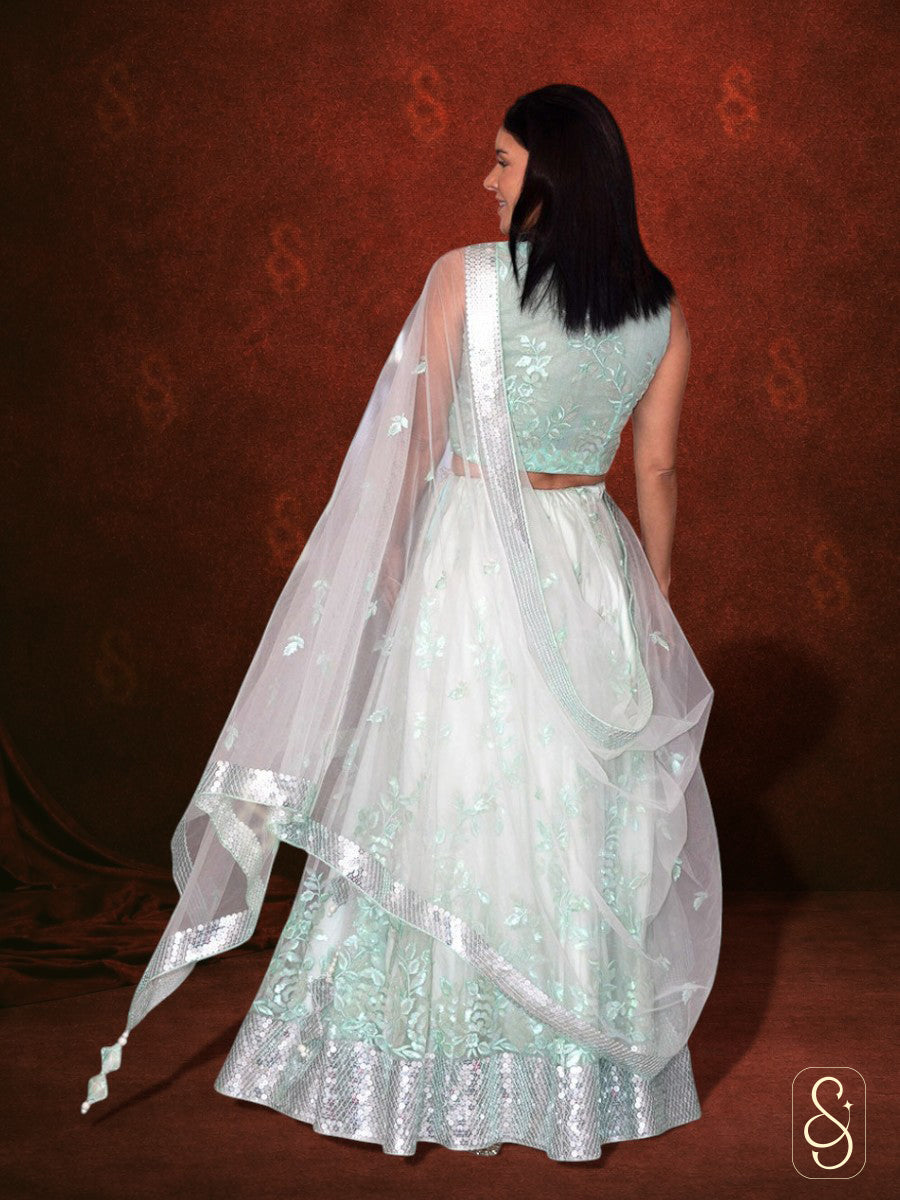 Embroidered Green Net Lehenga