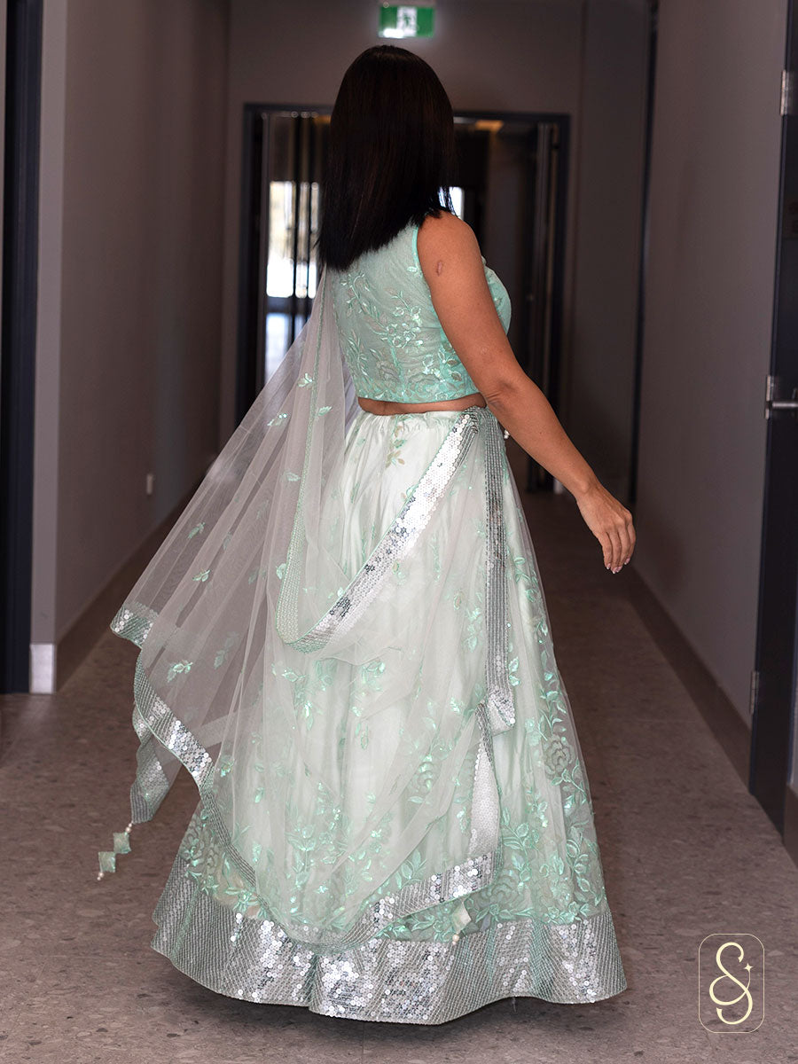 Embroidered Green Net Lehenga