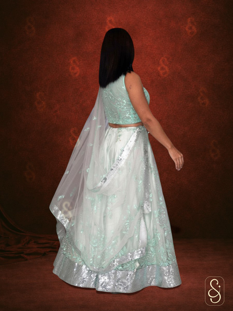Embroidered Green Net Lehenga