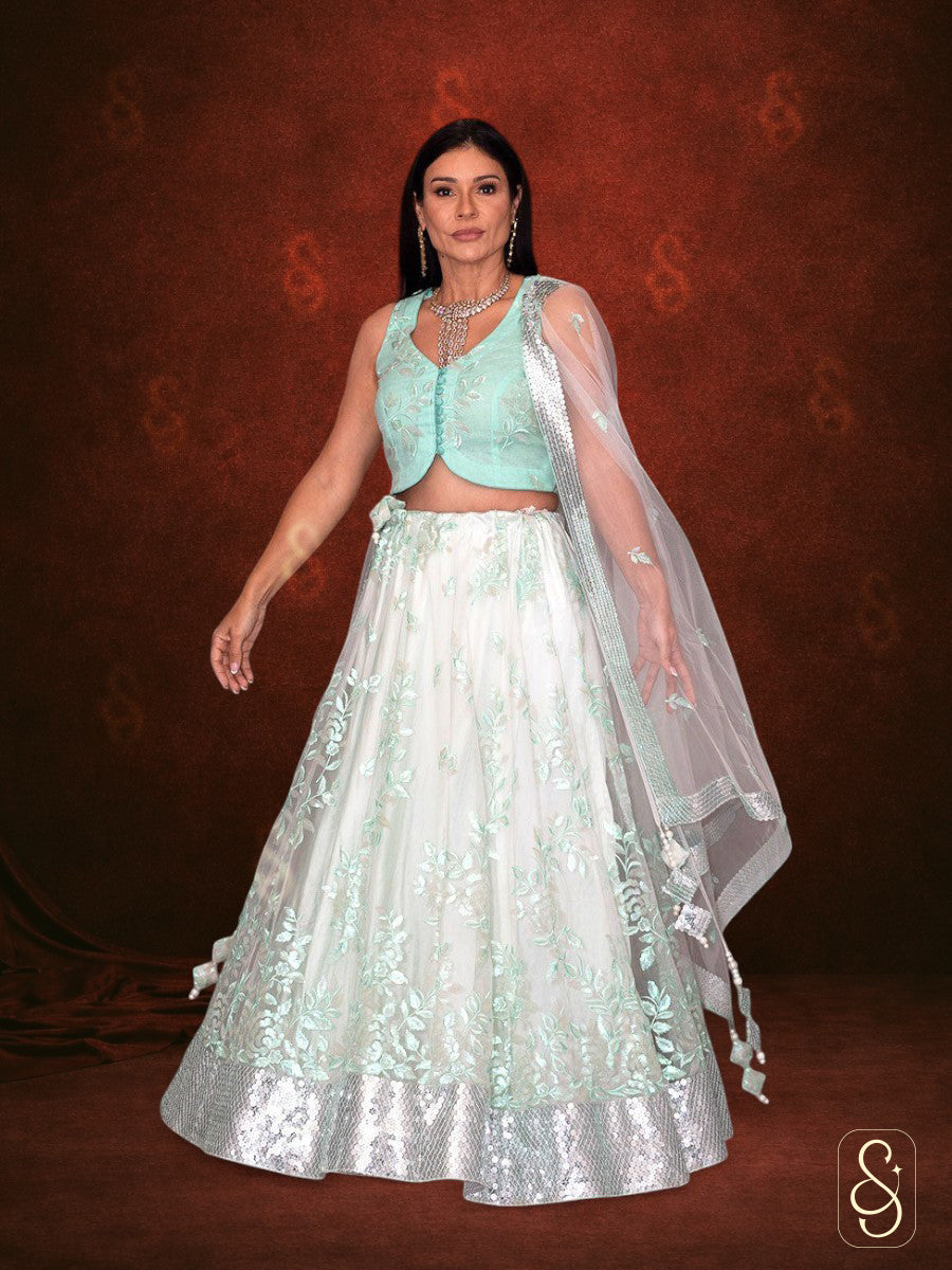 Embroidered Green Net Lehenga