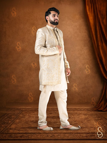 Embroidered Beige Fusion Wear