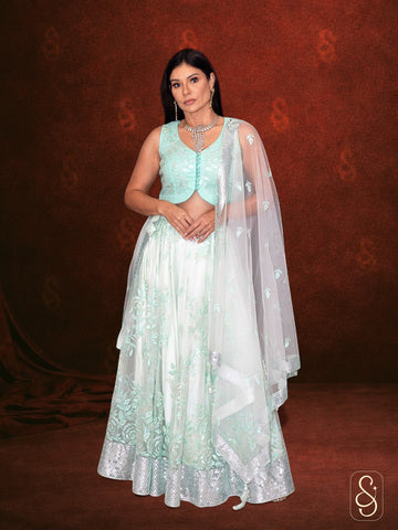 Embroidered Green Net Lehenga