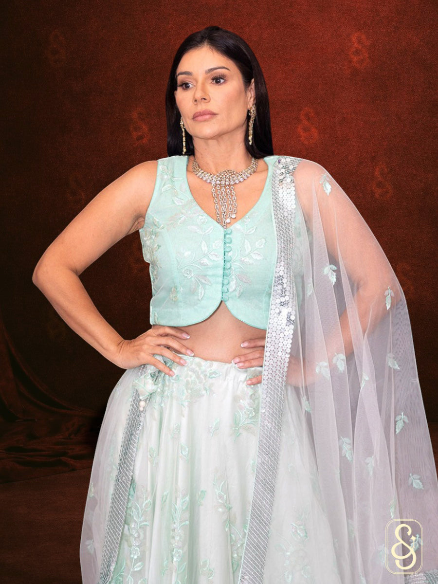 Embroidered Green Net Lehenga