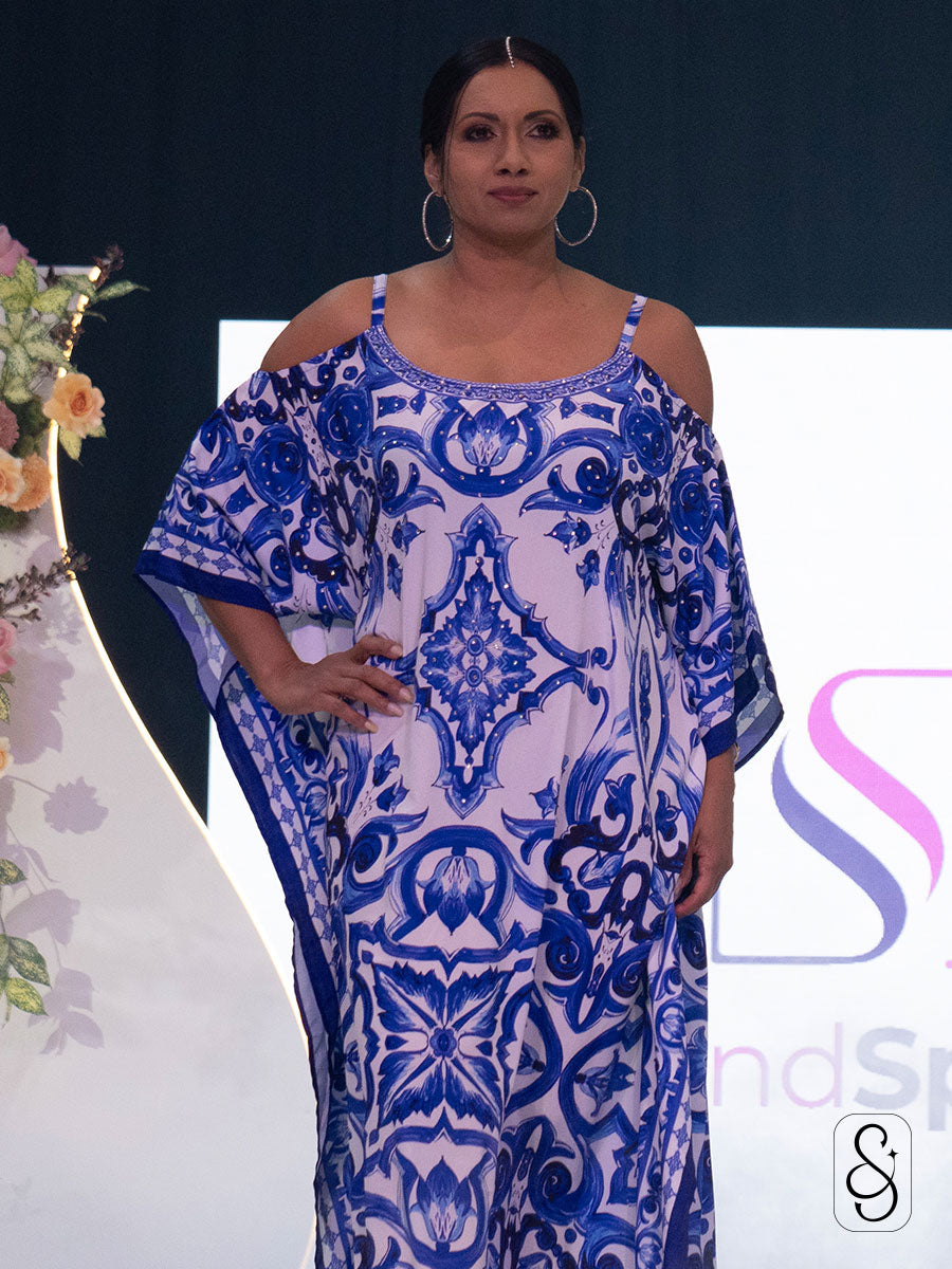 Blue & White Print Cold Shoulder Kaftan