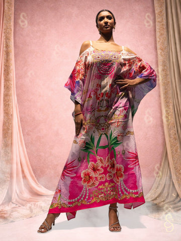 Elegant Pink Cold Shoulder Kaftan
