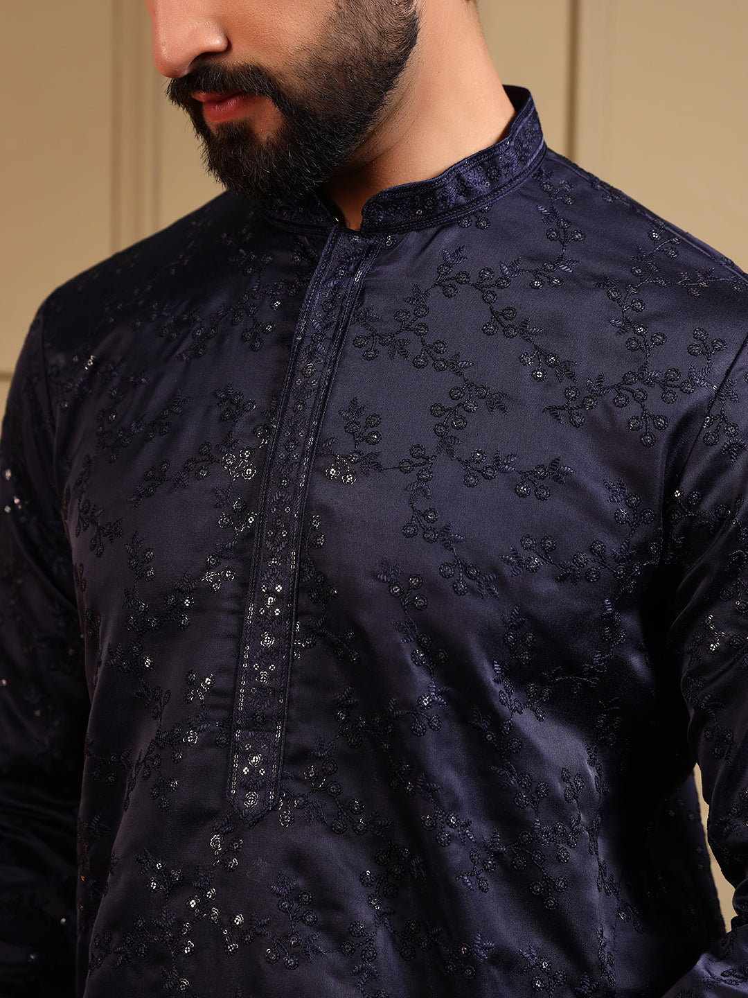 Blue Sequin and Thread Embroidery Kurta Set