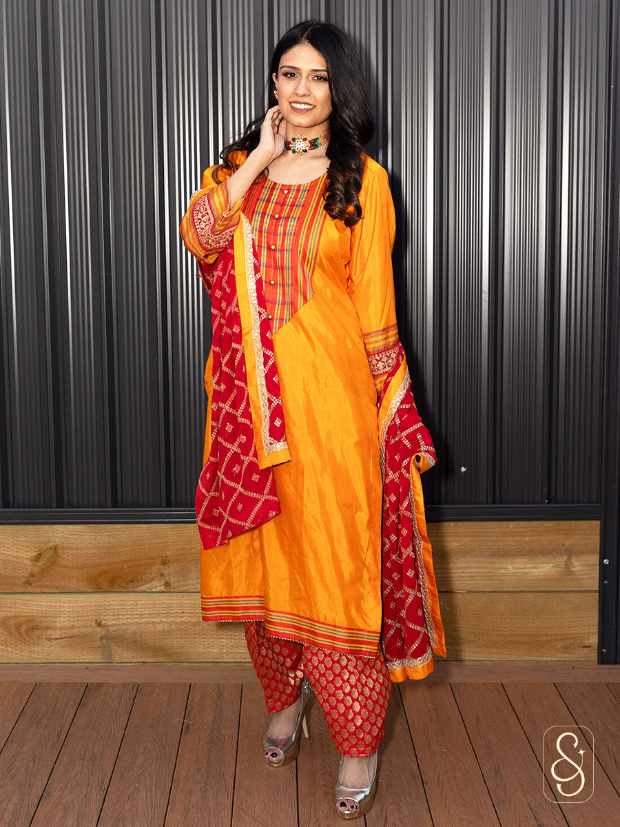 Yellow Silk Banarasi Suit with Red Salwar