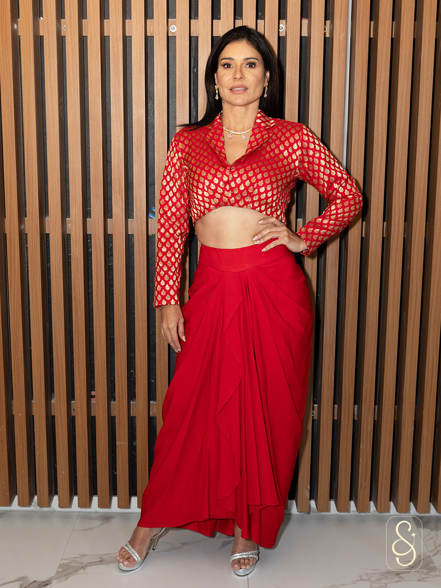 Red Drape Skirt with Banarasi Top