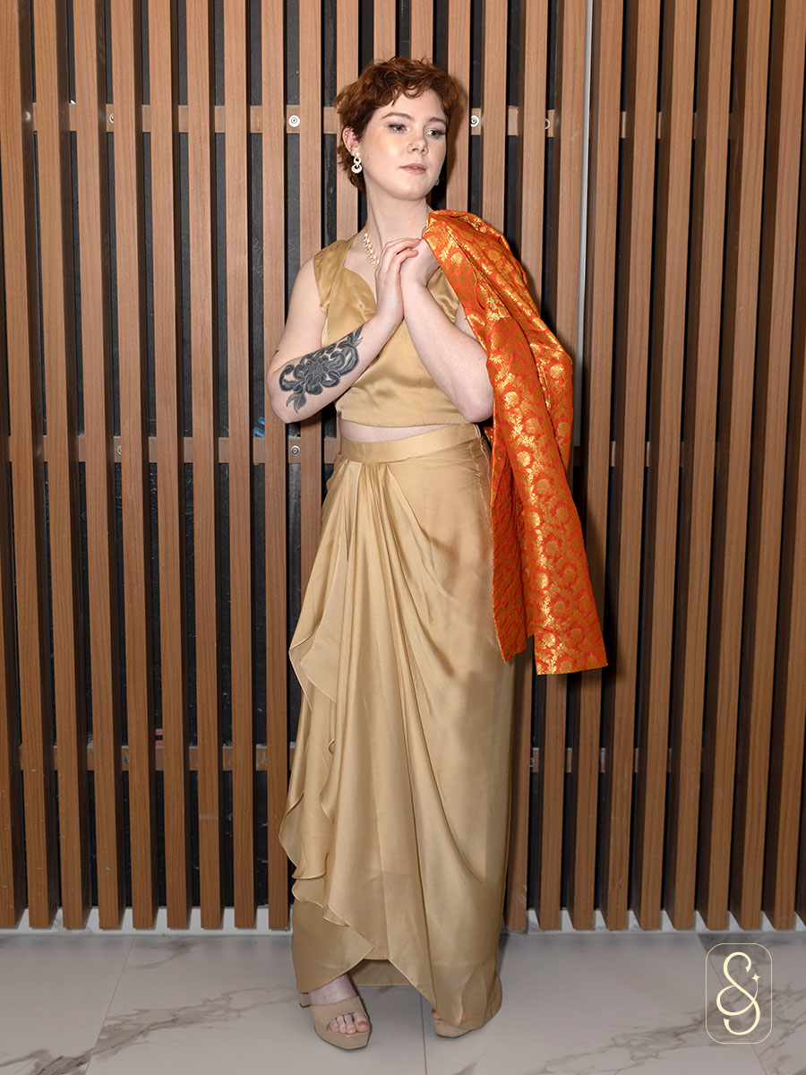 Golden Drape Skirt and Top with Orange Banarasi Coat