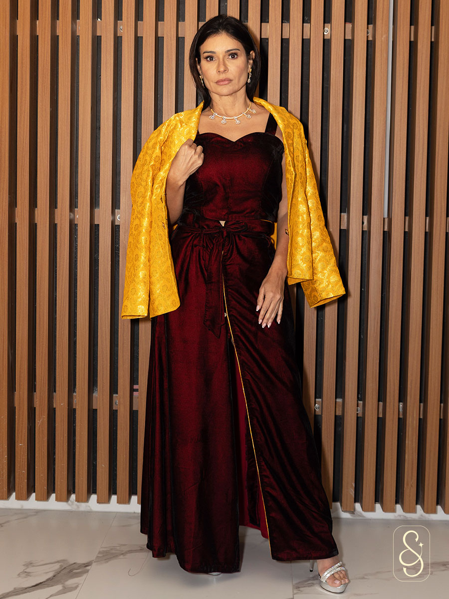 Maroon Velvet Skirt and Brocade Jacket Set