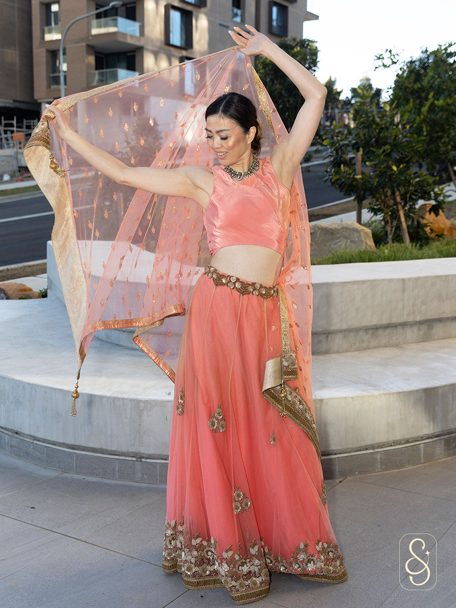 Peach Net Lehenga