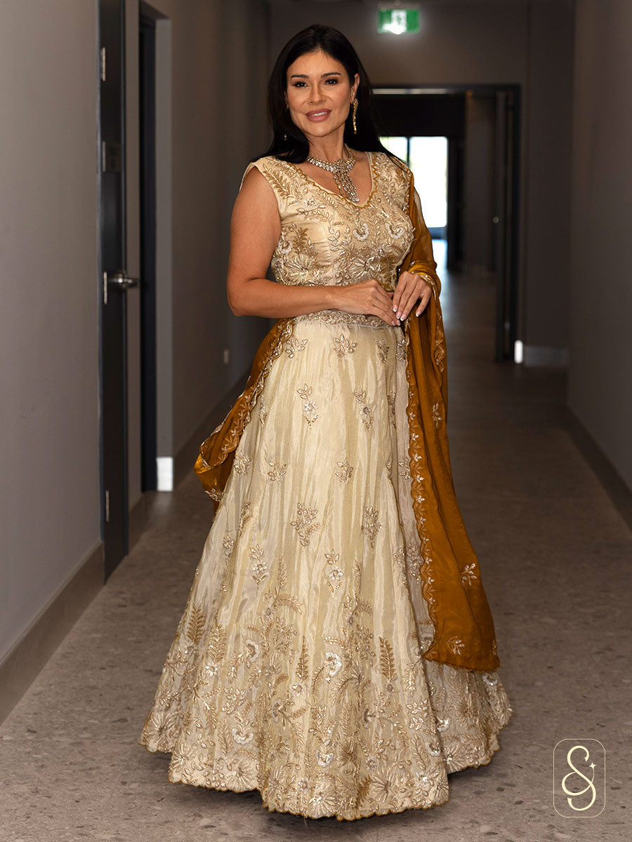 Embroidered Off-White Tissue Silk Lehenga