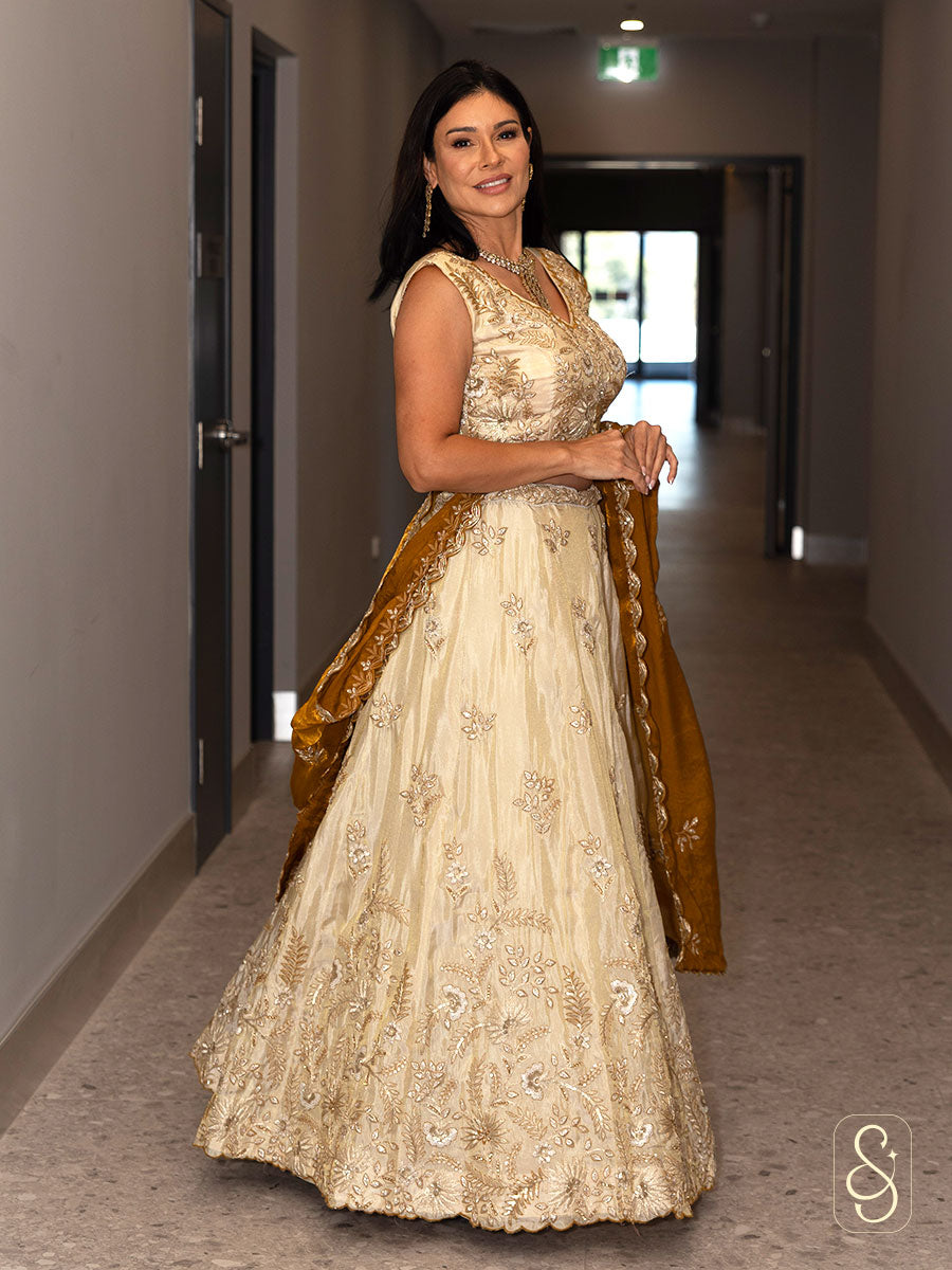 Embroidered Off-White Tissue Silk Lehenga
