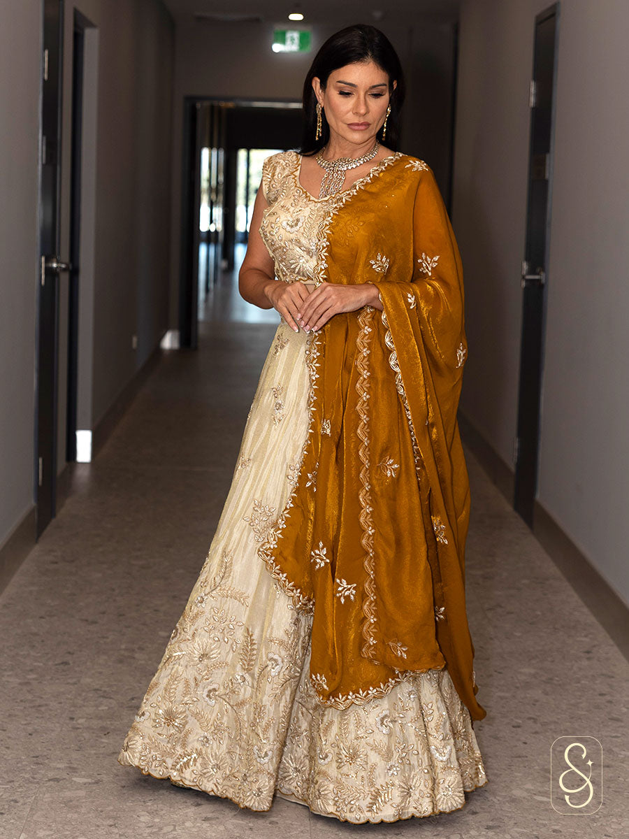 Embroidered Off-White Tissue Silk Lehenga