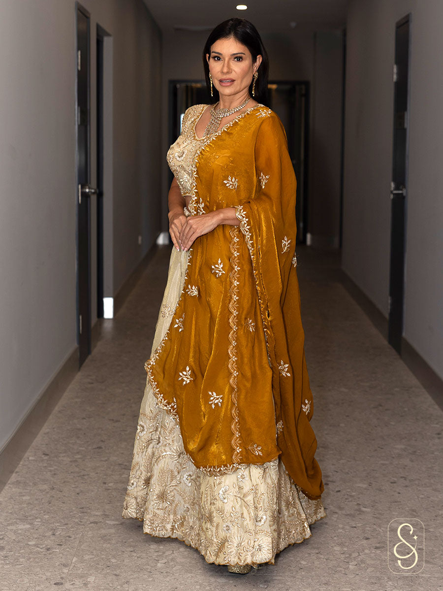 Embroidered Off-White Tissue Silk Lehenga