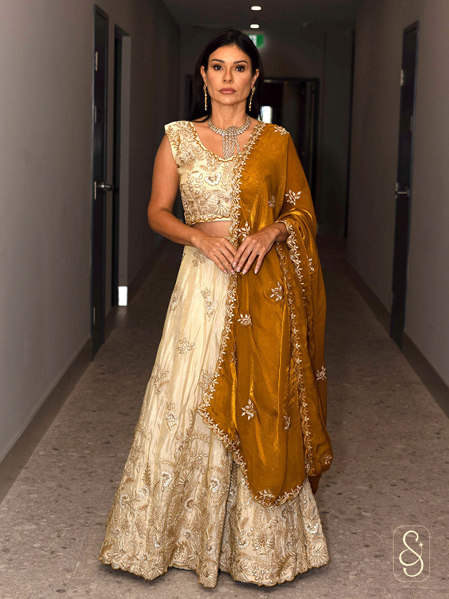 Embroidered Off-White Tissue Silk Lehenga