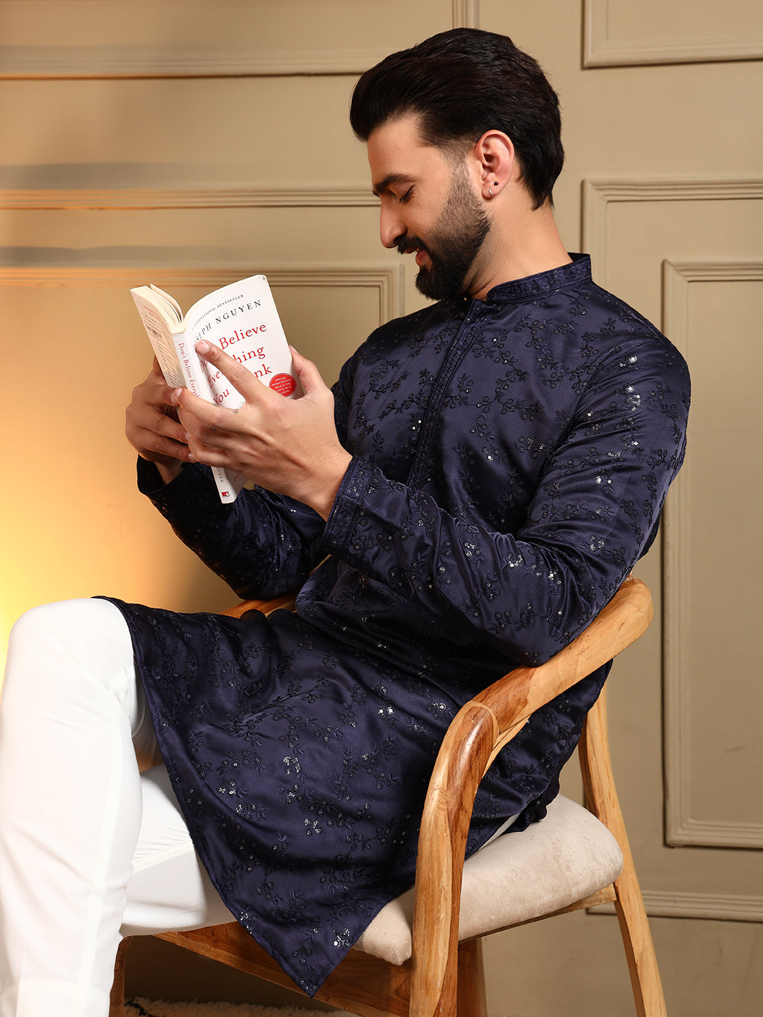 Blue Sequin and Thread Embroidery Kurta Set