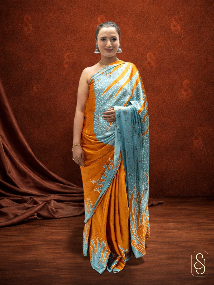 Satin Silk Mustard Blue Printed Saree