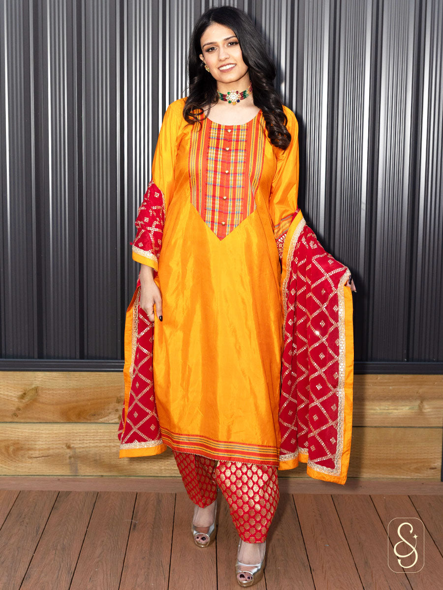 Yellow Silk Banarasi Suit with Red Salwar