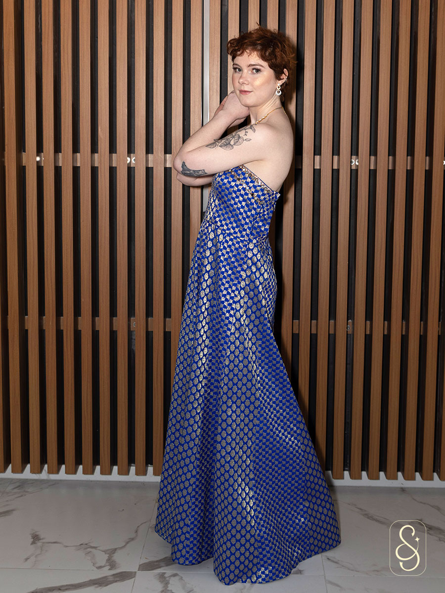 Royal Blue Mirror Work Off-Shoulder Dress