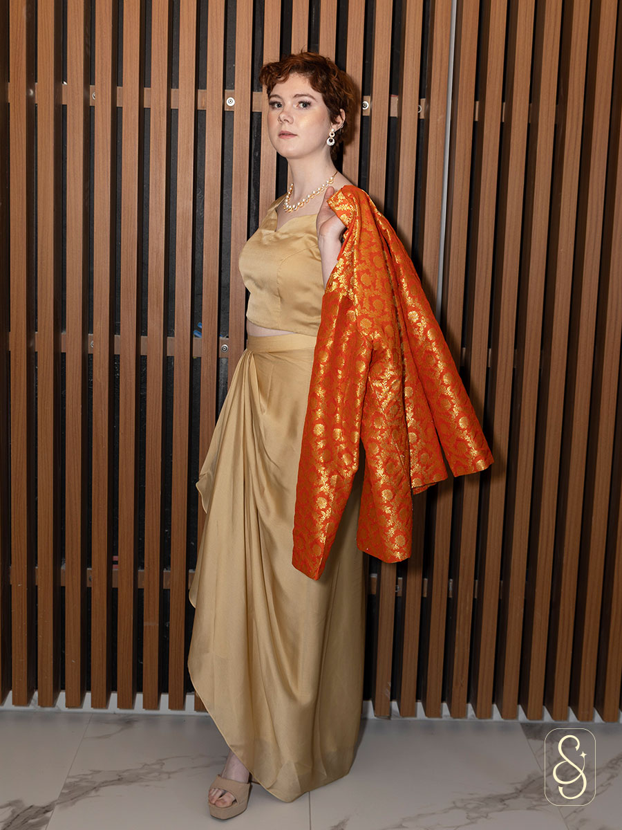 Golden Drape Skirt and Top with Orange Banarasi Coat