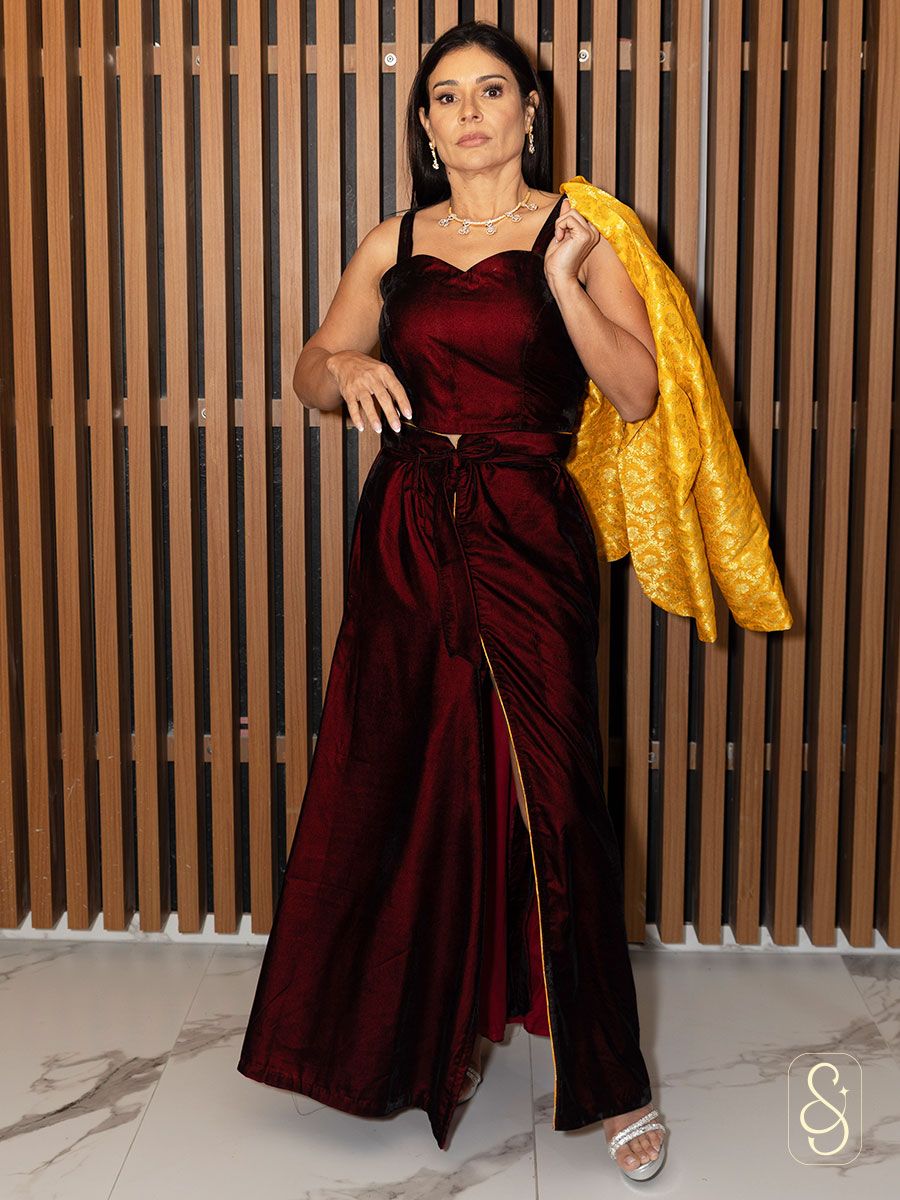 Maroon Velvet Skirt and Brocade Jacket Set