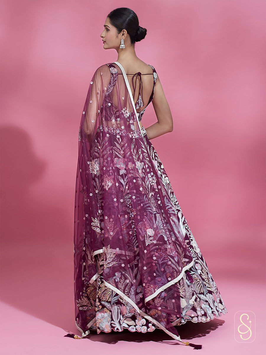 Maroonish Purple Net Embroidered Lehenga