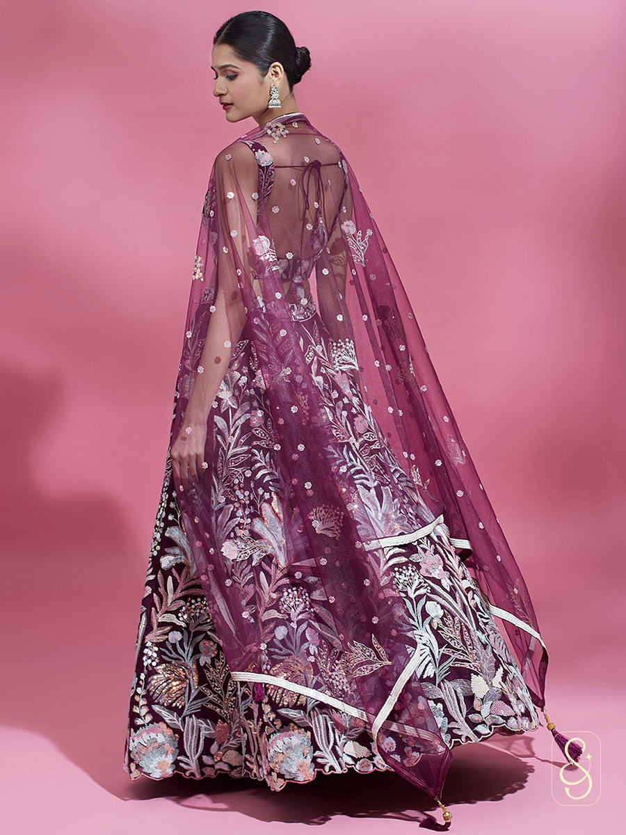 Maroonish Purple Net Embroidered Lehenga