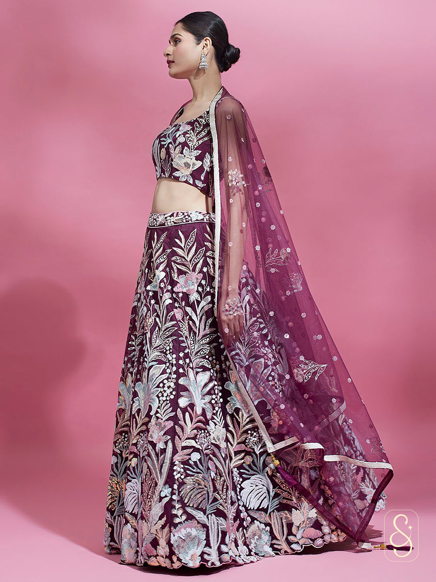 Maroonish Purple Net Embroidered Lehenga