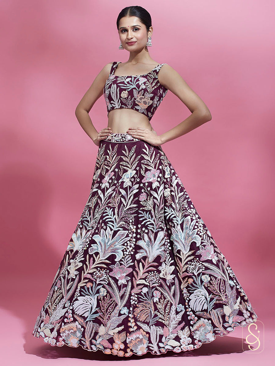 Maroonish Purple Net Embroidered Lehenga